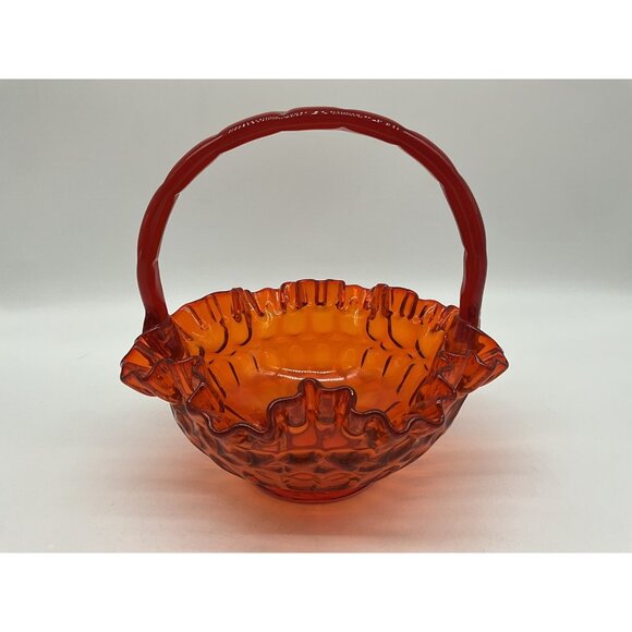 Fenton VTG Red Orange Amberina Thumbprint Glass Basket Ruffled Edge Grandmacore - Picture 4 of 16